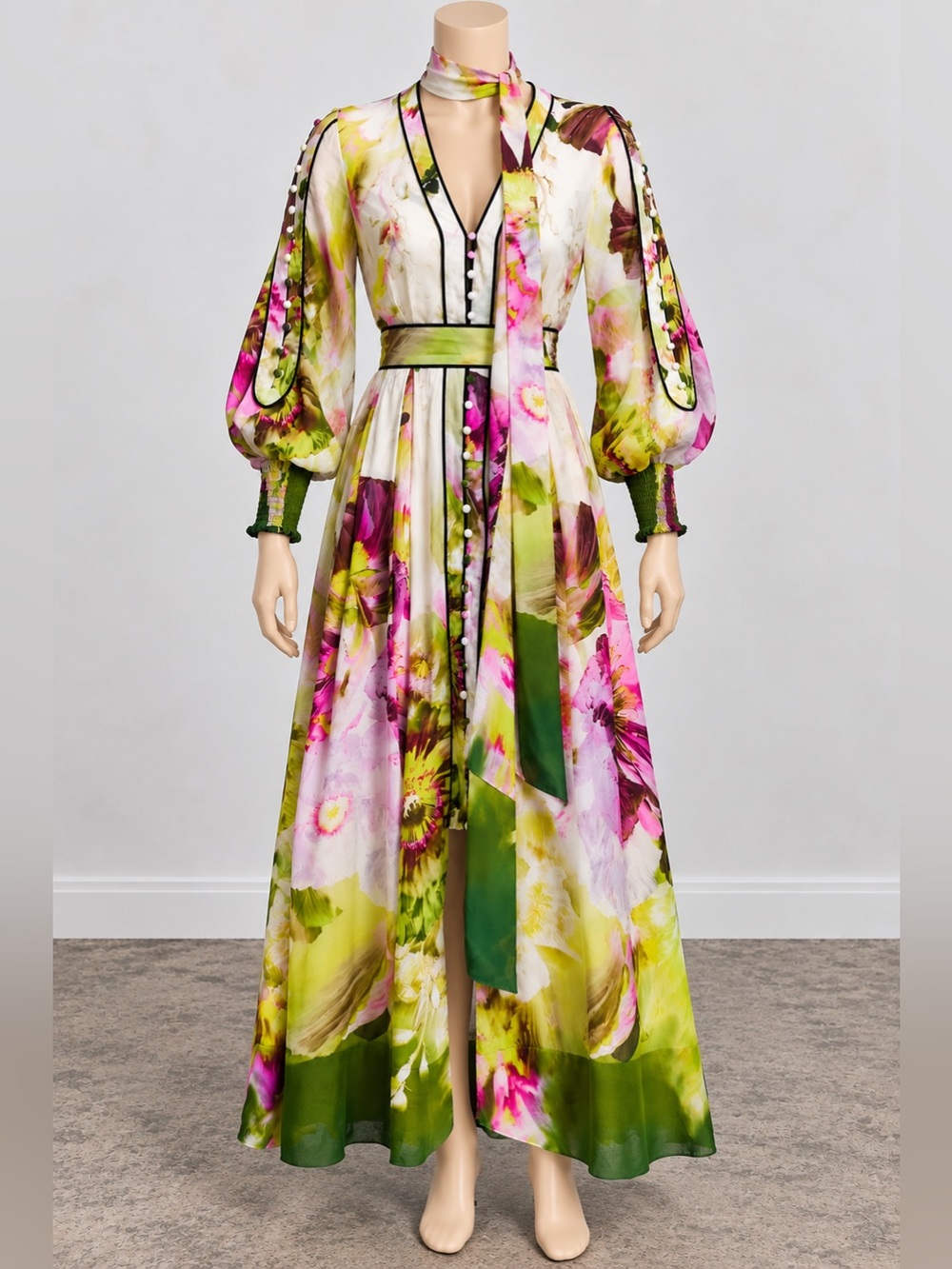 Karen Millen Petite Size 8 Floral Viscose Maxi Dress Green Pink Floral